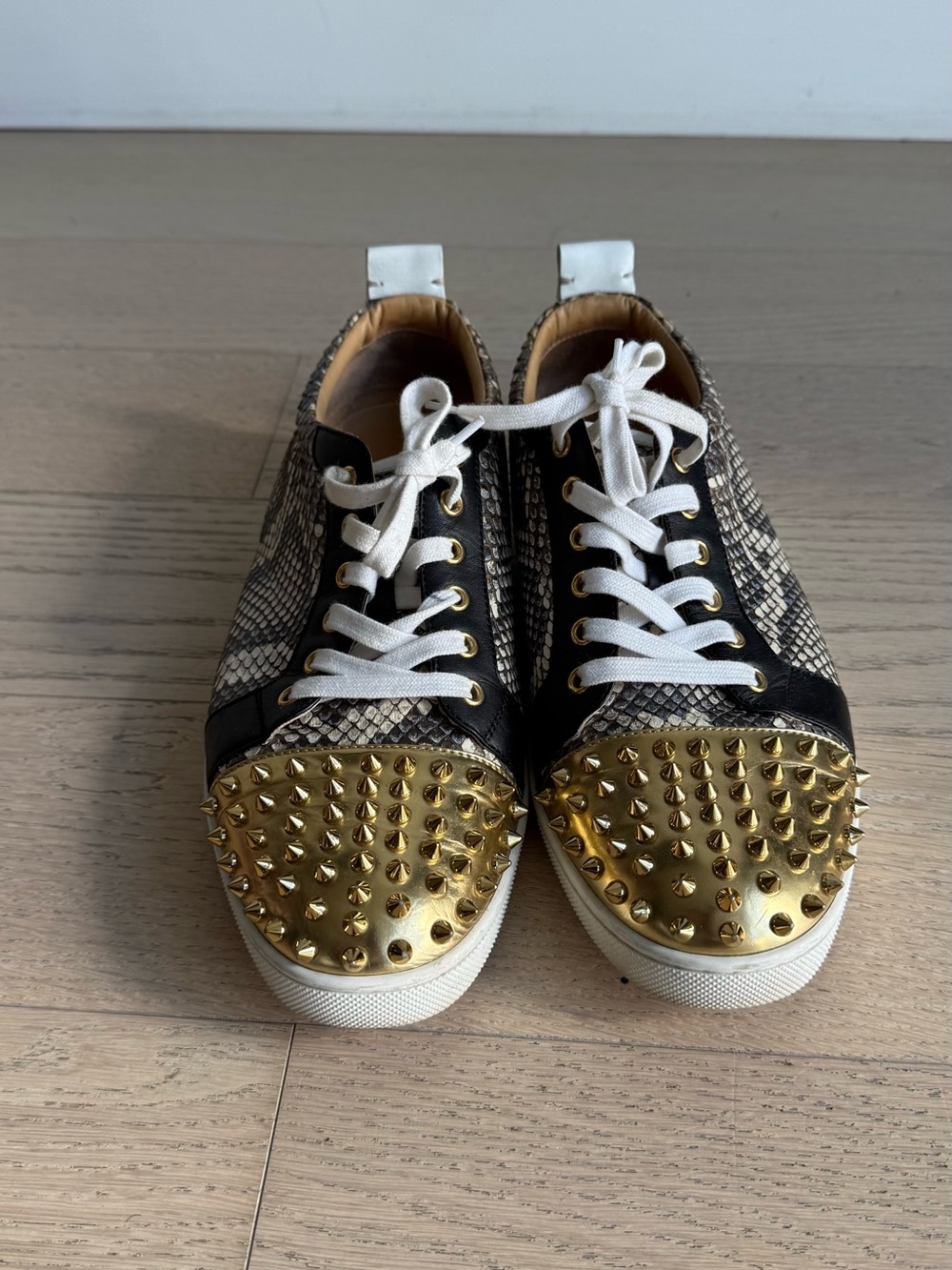 Christian Louboutin Snake Print Studded Lace-Up Sneakers with Gold Spike Toes